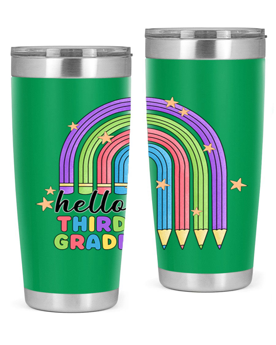 Hello 3rd Grade Pencil Rainbow tumbler featuring a colorful pencil design, perfect for students and teachers.