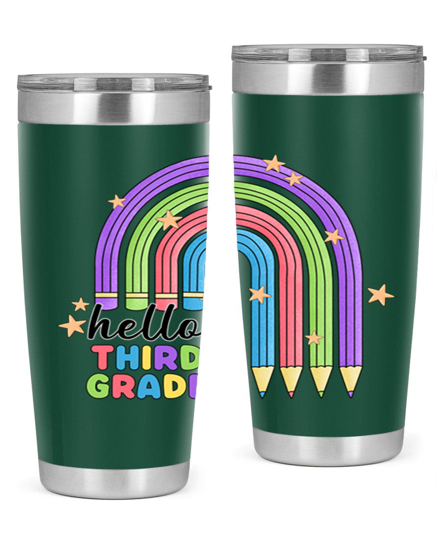 Hello 3rd Grade Pencil Rainbow tumbler featuring a colorful pencil design, perfect for students and teachers.