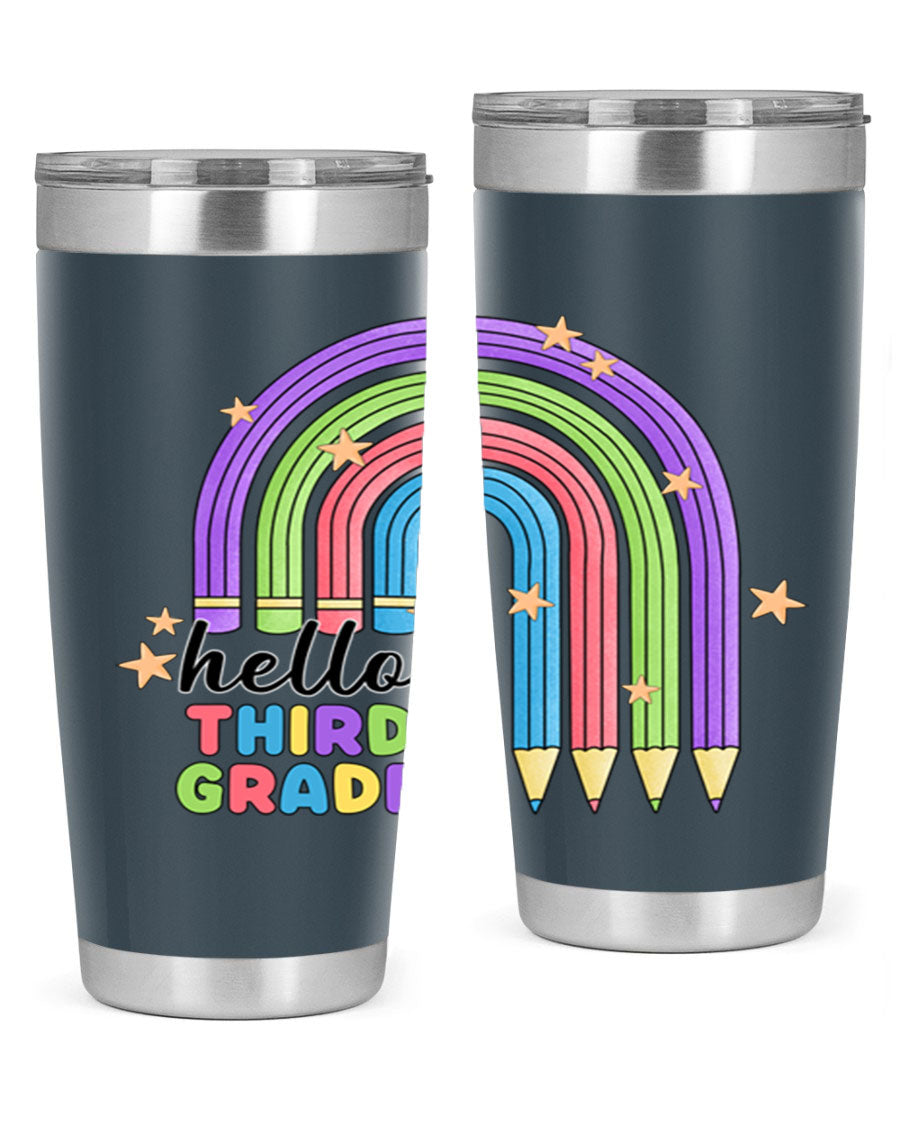 Hello 3rd Grade Pencil Rainbow tumbler featuring a colorful pencil design, perfect for students and teachers.