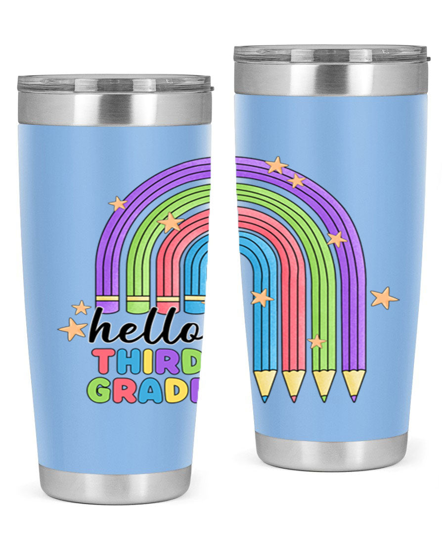 Hello 3rd Grade Pencil Rainbow tumbler featuring a colorful pencil design, perfect for students and teachers.