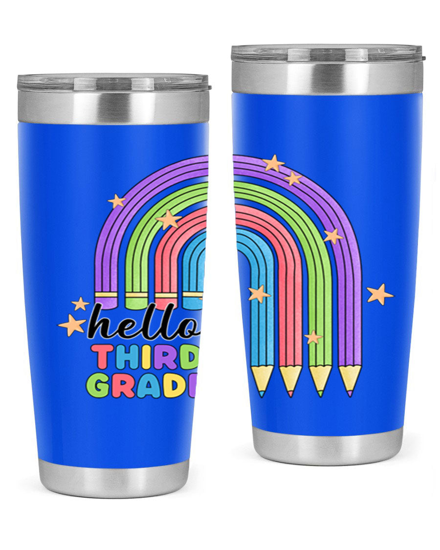 Hello 3rd Grade Pencil Rainbow tumbler featuring a colorful pencil design, perfect for students and teachers.