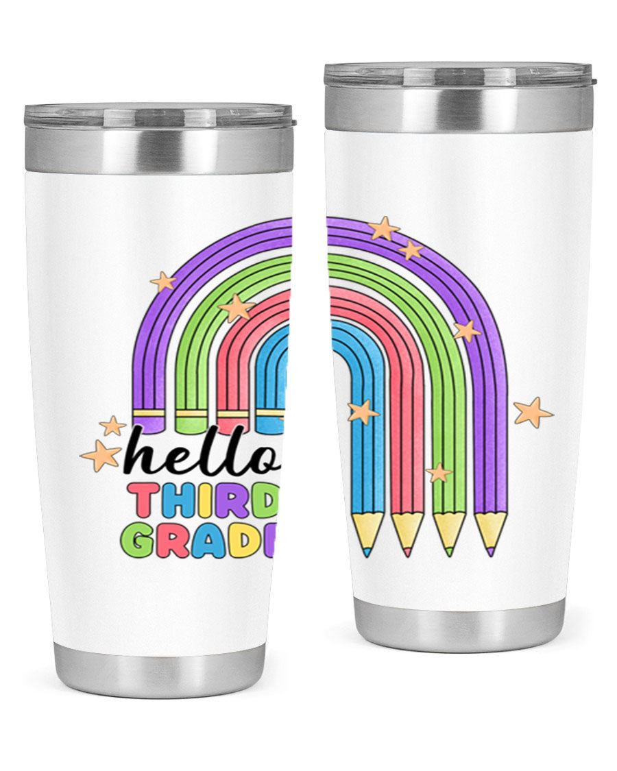 Hello 3rd Grade Pencil Rainbow tumbler featuring a colorful pencil design, perfect for students and teachers.