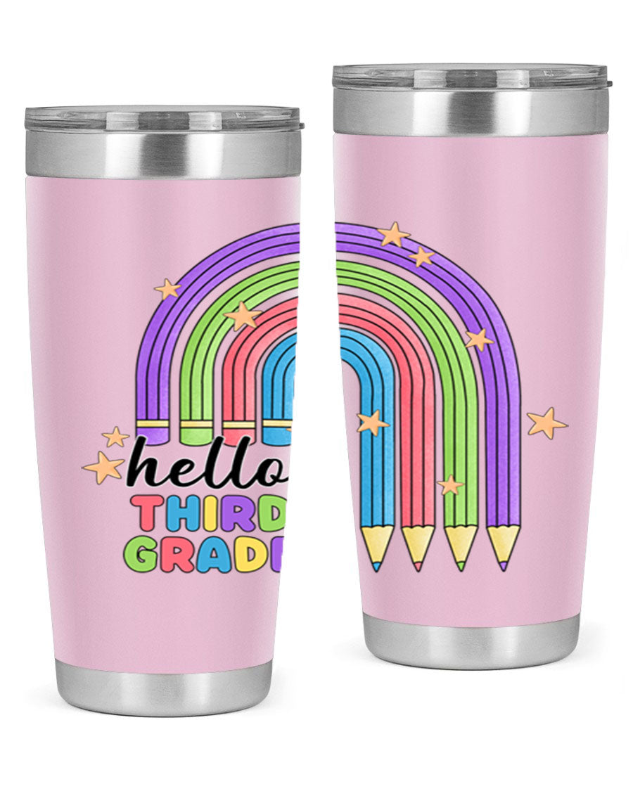 Hello 3rd Grade Pencil Rainbow tumbler featuring a colorful pencil design, perfect for students and teachers.