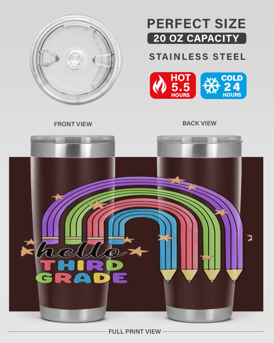 Hello 3rd Grade Pencil Rainbow tumbler featuring a colorful pencil design, perfect for students and teachers.