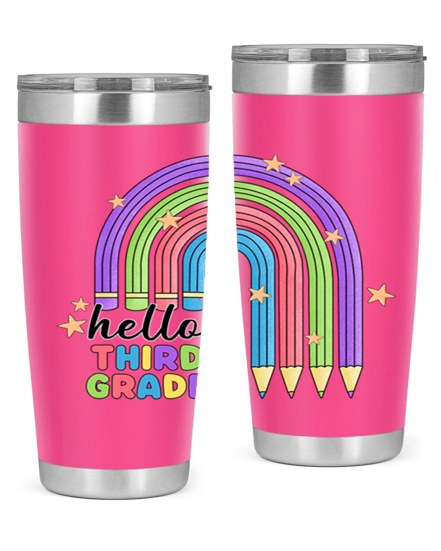 Hello 3rd Grade Pencil Rainbow tumbler featuring a colorful pencil design, perfect for students and teachers.