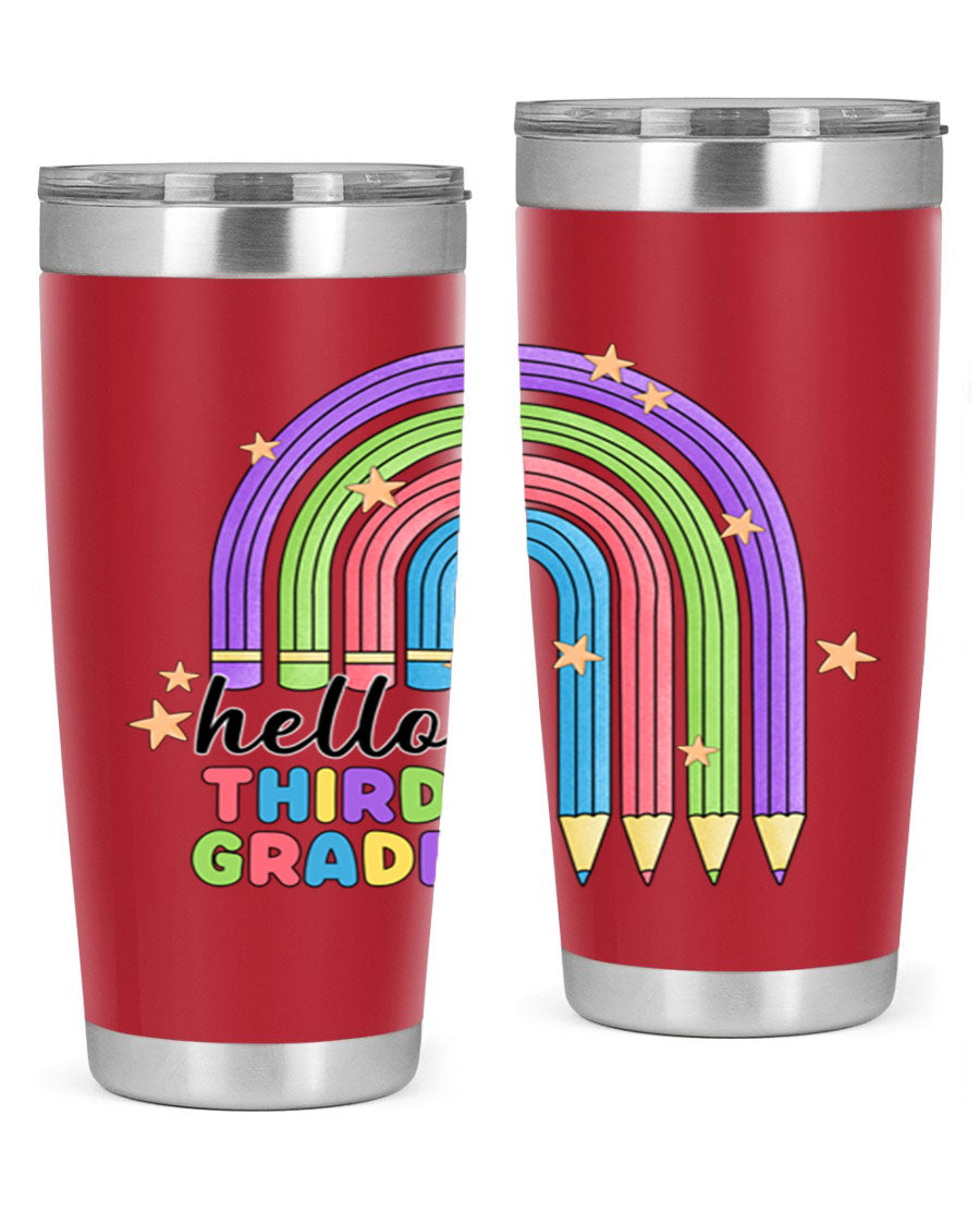 Hello 3rd Grade Pencil Rainbow tumbler featuring a colorful pencil design, perfect for students and teachers.