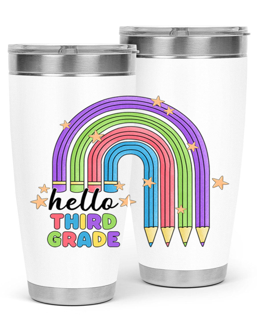 Hello 3rd Grade Pencil Rainbow tumbler featuring a colorful pencil design, perfect for students and teachers.