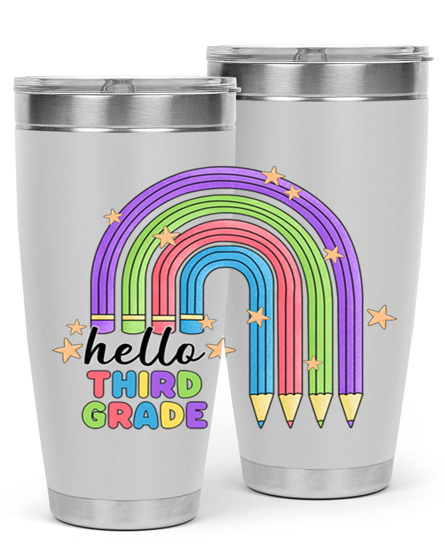 Hello 3rd Grade Pencil Rainbow tumbler featuring a colorful pencil design, perfect for students and teachers.
