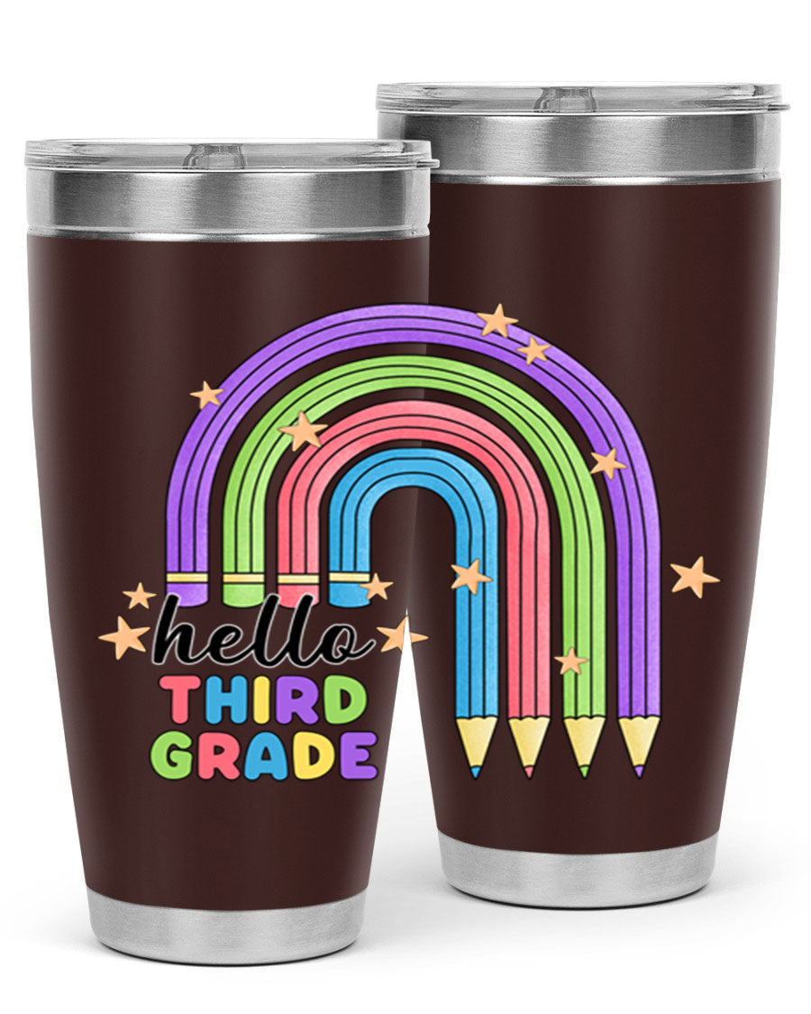 Hello 3rd Grade Pencil Rainbow tumbler featuring a colorful pencil design, perfect for students and teachers.