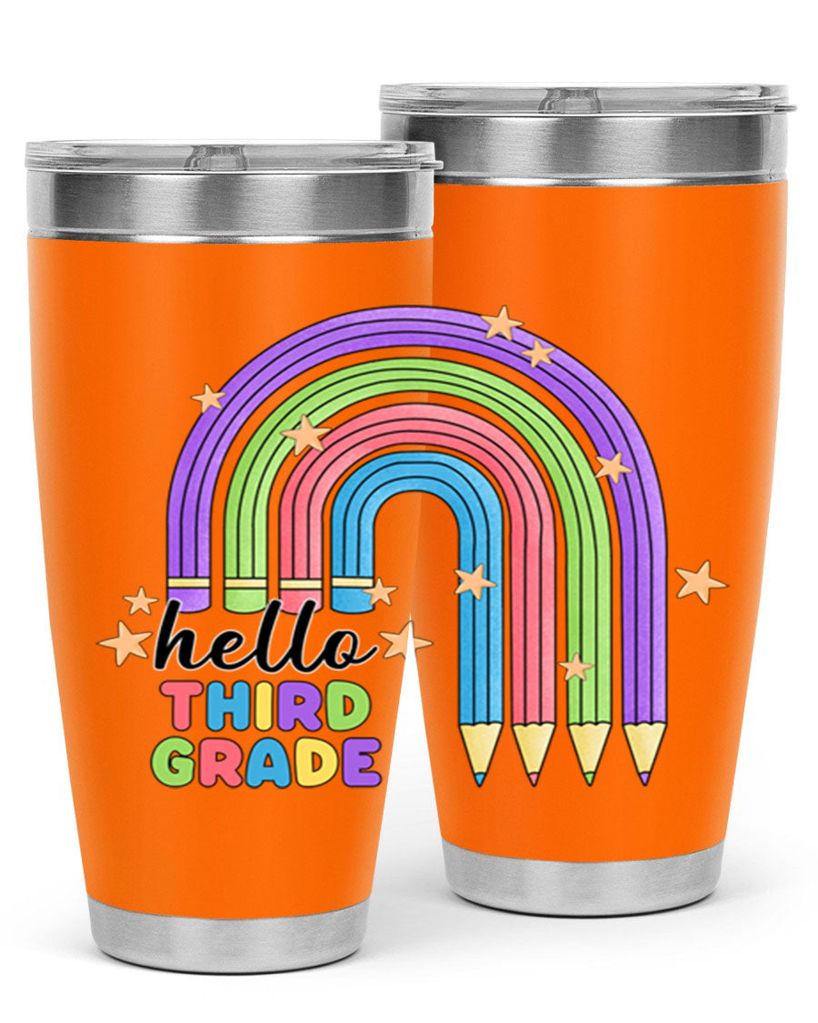 Hello 3rd Grade Pencil Rainbow tumbler featuring a colorful pencil design, perfect for students and teachers.