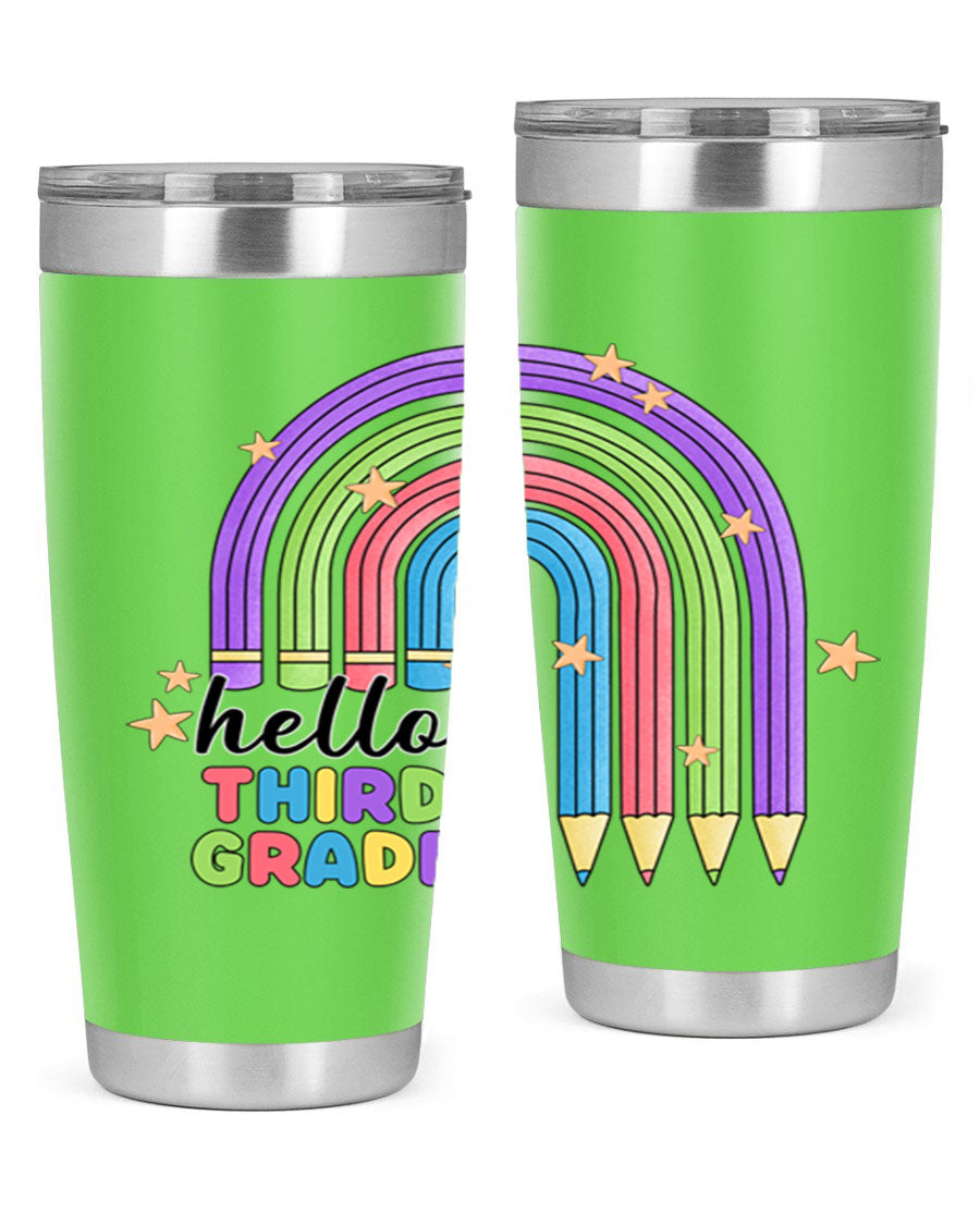 Hello 3rd Grade Pencil Rainbow tumbler featuring a colorful pencil design, perfect for students and teachers.