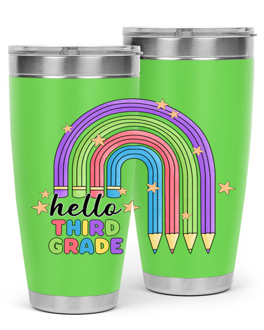 Hello 3rd Grade Pencil Rainbow tumbler featuring a colorful pencil design, perfect for students and teachers.