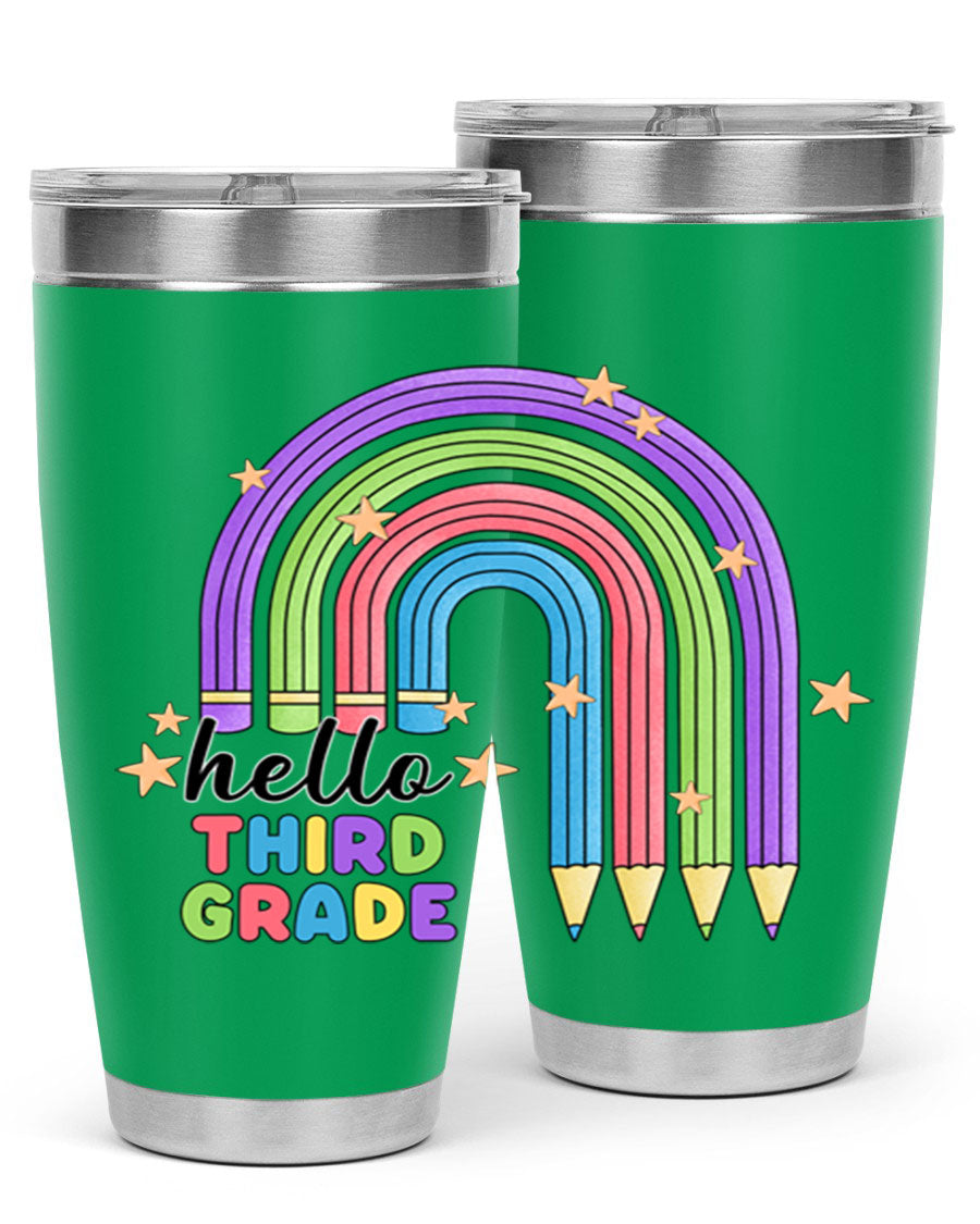 Hello 3rd Grade Pencil Rainbow tumbler featuring a colorful pencil design, perfect for students and teachers.