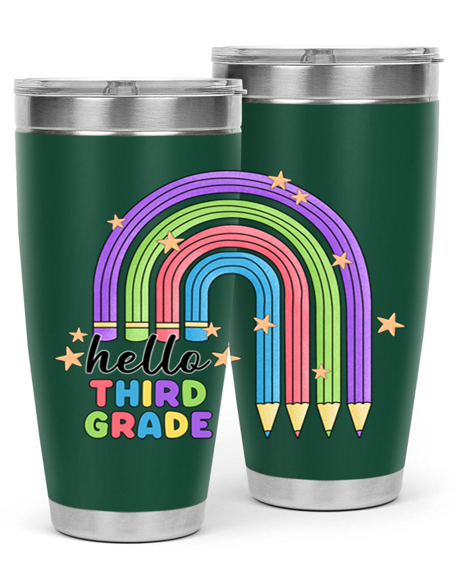 Hello 3rd Grade Pencil Rainbow tumbler featuring a colorful pencil design, perfect for students and teachers.