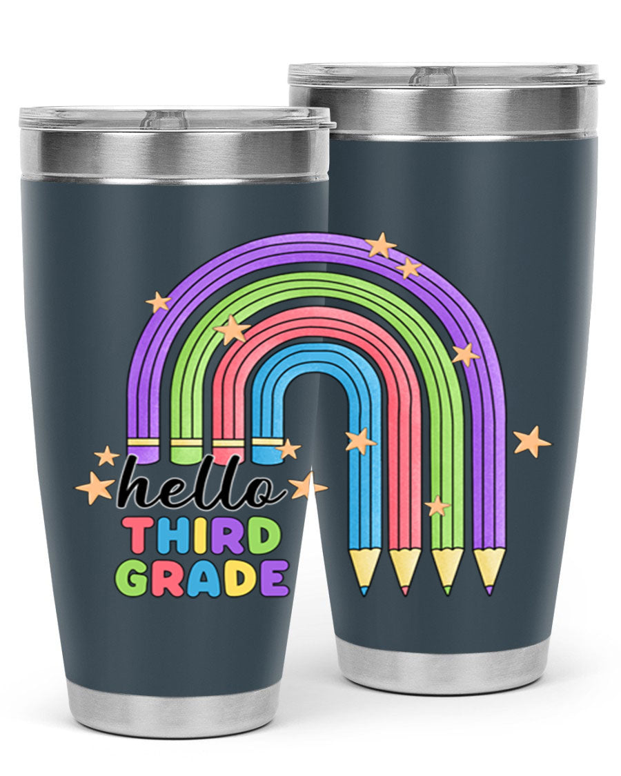 Hello 3rd Grade Pencil Rainbow tumbler featuring a colorful pencil design, perfect for students and teachers.