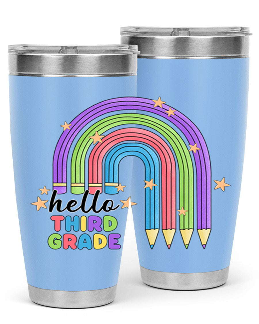 Hello 3rd Grade Pencil Rainbow tumbler featuring a colorful pencil design, perfect for students and teachers.