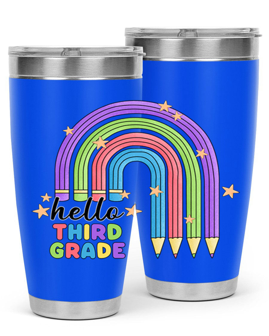 Hello 3rd Grade Pencil Rainbow tumbler featuring a colorful pencil design, perfect for students and teachers.