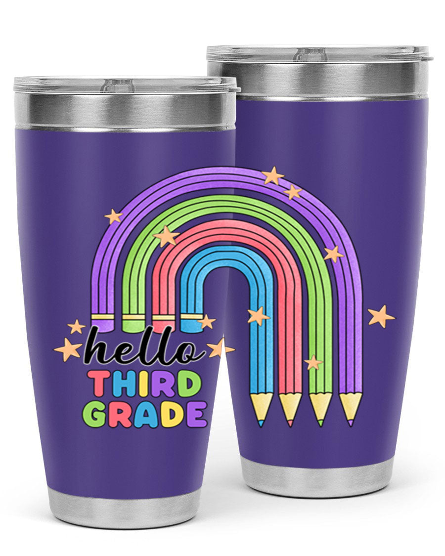 Hello 3rd Grade Pencil Rainbow tumbler featuring a colorful pencil design, perfect for students and teachers.