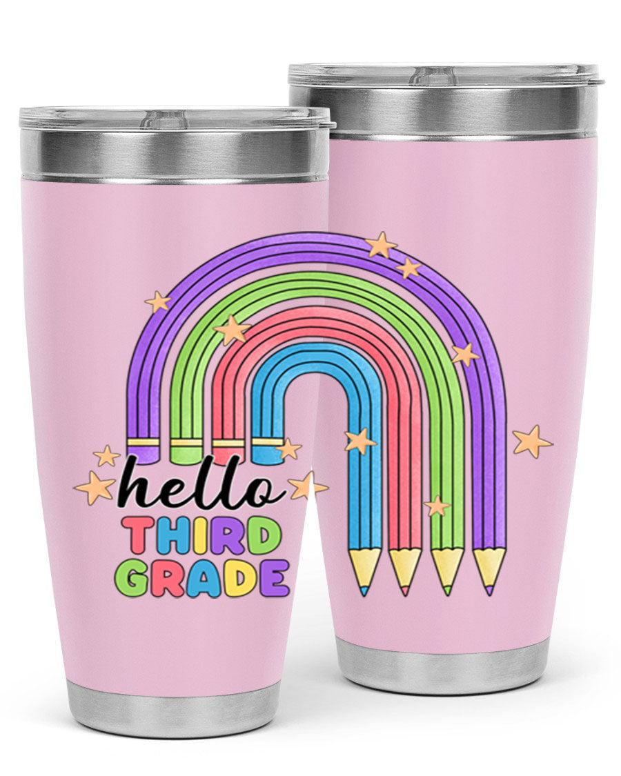 Hello 3rd Grade Pencil Rainbow tumbler featuring a colorful pencil design, perfect for students and teachers.
