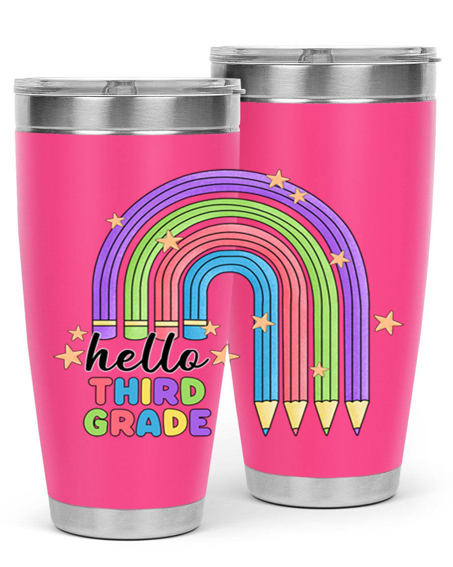 Hello 3rd Grade Pencil Rainbow tumbler featuring a colorful pencil design, perfect for students and teachers.