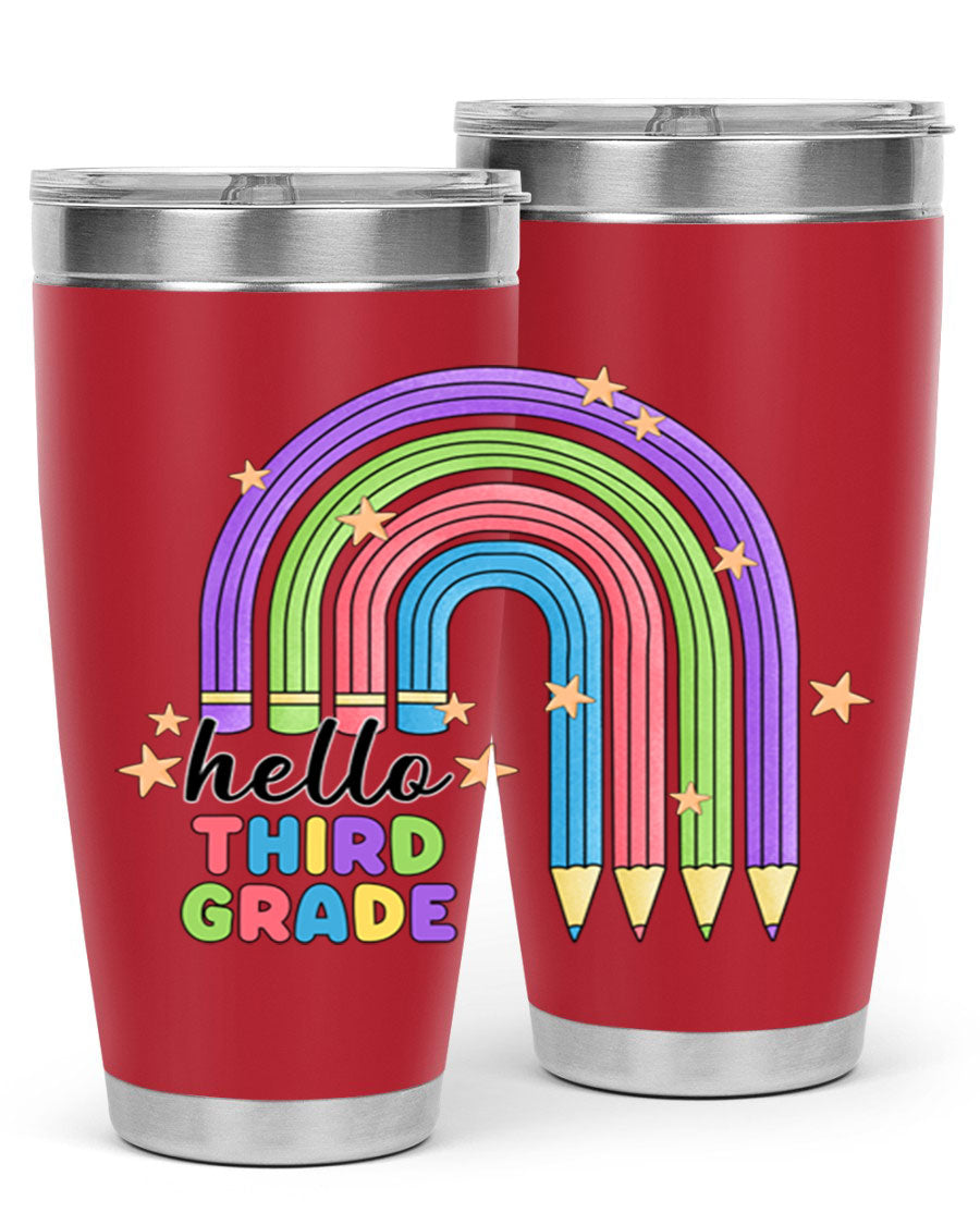 Hello 3rd Grade Pencil Rainbow tumbler featuring a colorful pencil design, perfect for students and teachers.