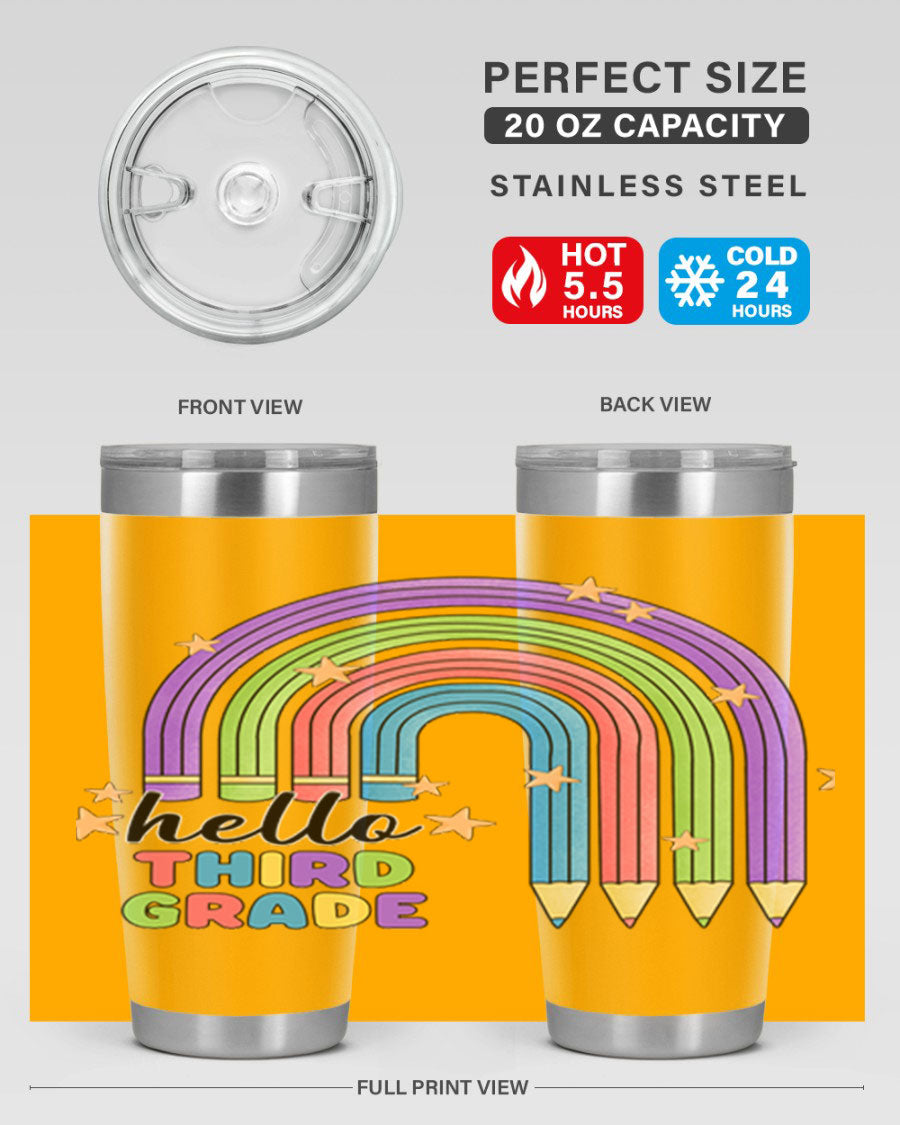 Hello 3rd Grade Pencil Rainbow tumbler featuring a colorful pencil design, perfect for students and teachers.