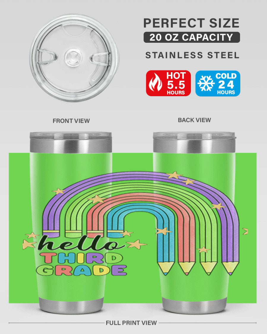 Hello 3rd Grade Pencil Rainbow tumbler featuring a colorful pencil design, perfect for students and teachers.