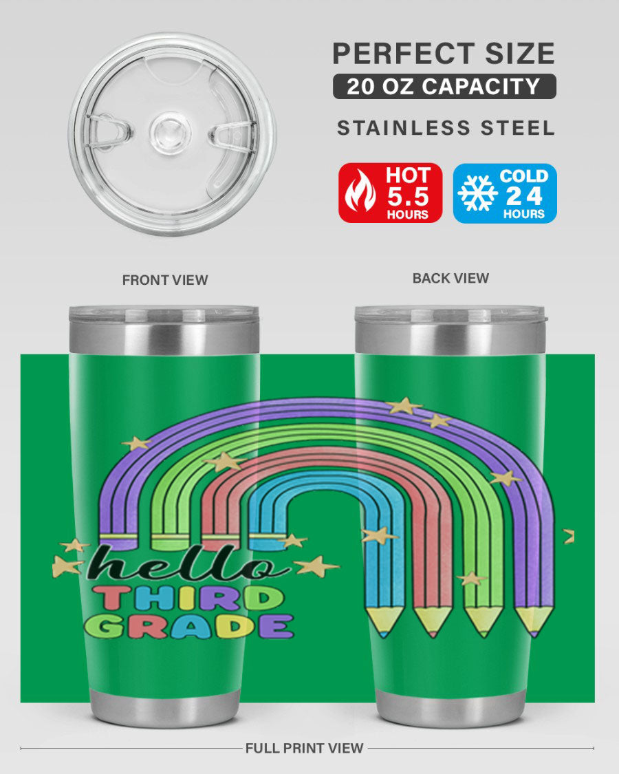 Hello 3rd Grade Pencil Rainbow tumbler featuring a colorful pencil design, perfect for students and teachers.