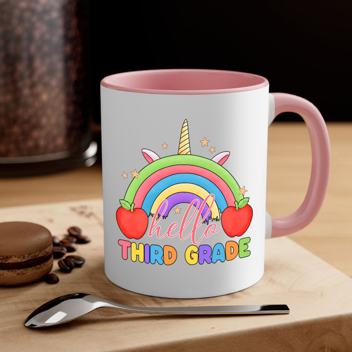 Hello 3rd Grade Unicorn Rainbow Mug with colorful handle and glossy finish, perfect for coffee or tea.