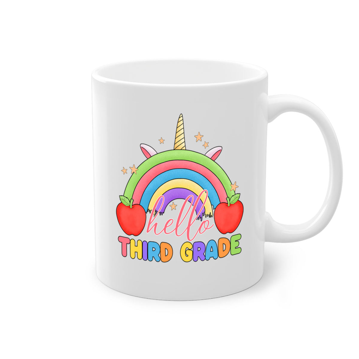 Hello 3rd Grade Unicorn Rainbow Mug with colorful handle and glossy finish, perfect for coffee or tea.