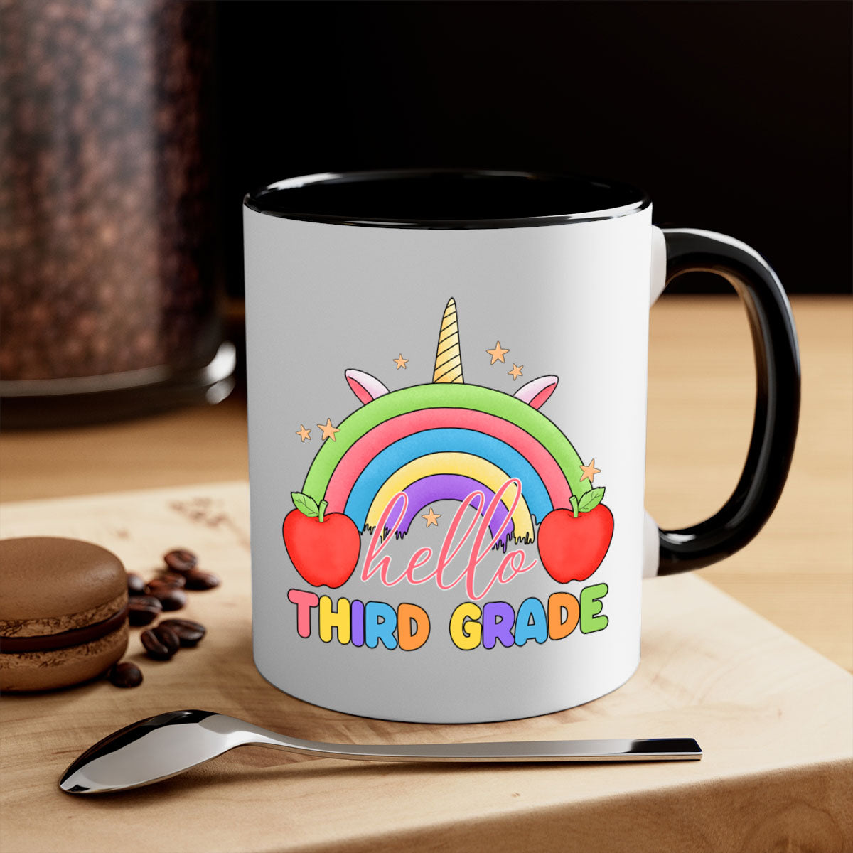Hello 3rd Grade Unicorn Rainbow Mug with colorful handle and glossy finish, perfect for coffee or tea.