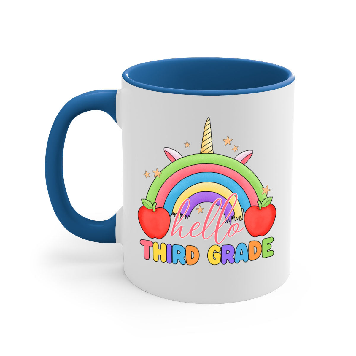 Hello 3rd Grade Unicorn Rainbow Mug with colorful handle and glossy finish, perfect for coffee or tea.