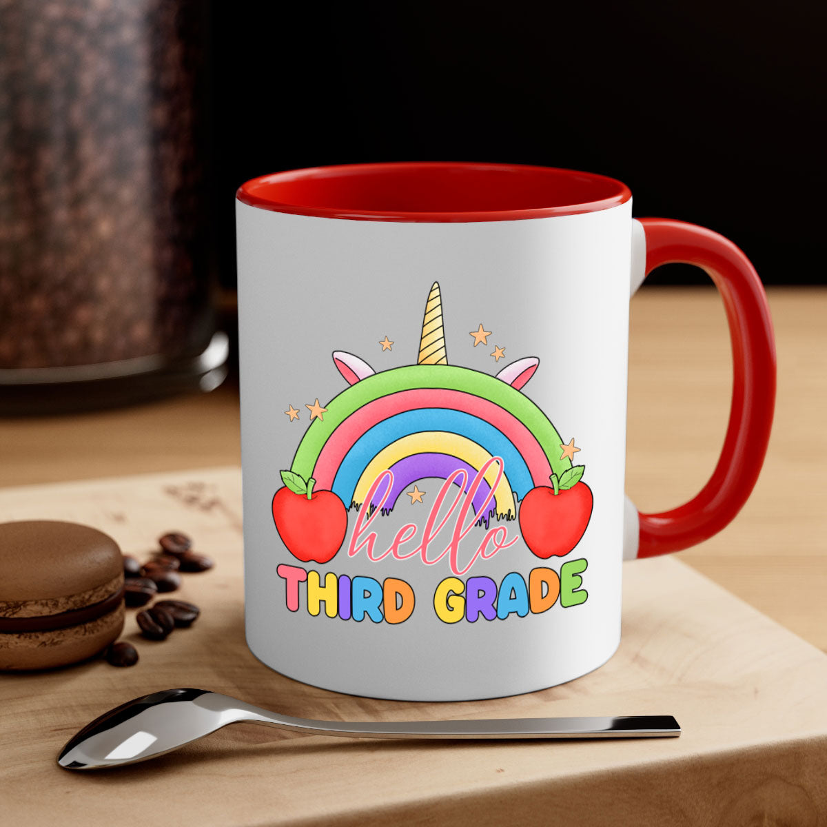 Hello 3rd Grade Unicorn Rainbow Mug with colorful handle and glossy finish, perfect for coffee or tea.