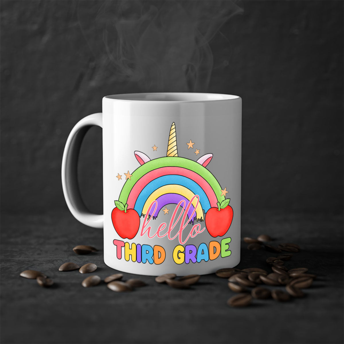 Hello 3rd Grade Unicorn Rainbow Mug with colorful handle and glossy finish, perfect for coffee or tea.