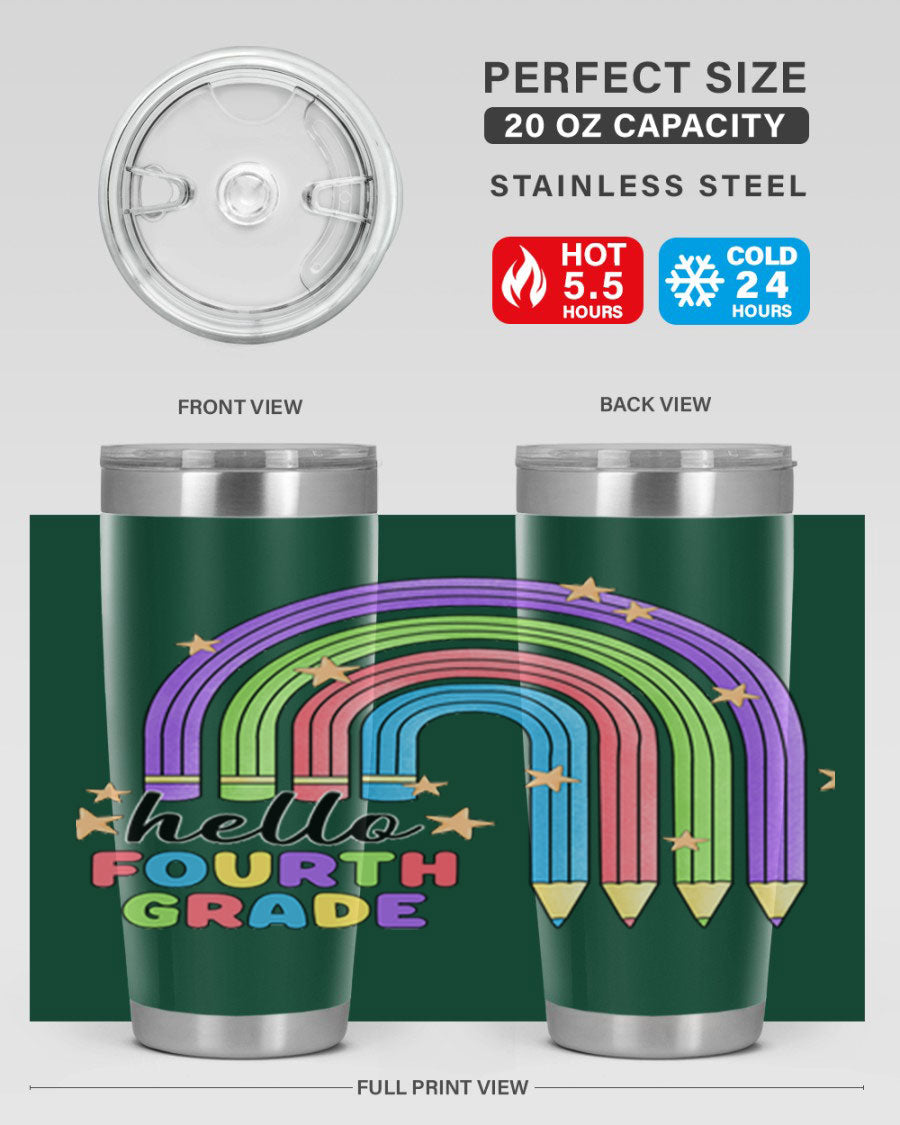Hello 4th Grade Pencil Rainbow 20oz Tumbler featuring a colorful pencil design, double wall stainless steel, and a drink-thru lid.