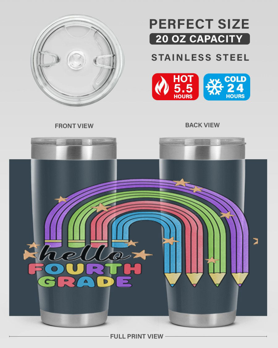 Hello 4th Grade Pencil Rainbow 20oz Tumbler featuring a colorful pencil design, double wall stainless steel, and a drink-thru lid.