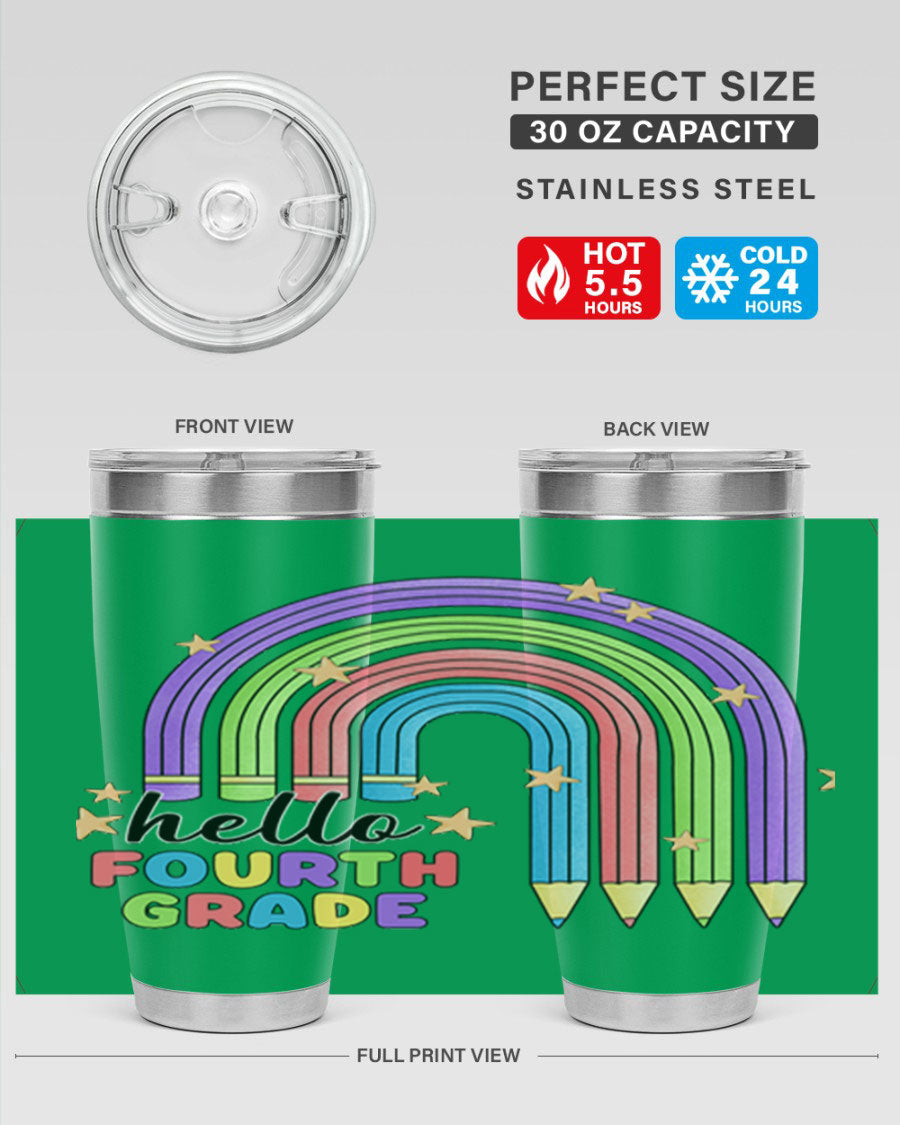 Hello 4th Grade Pencil Rainbow 20oz Tumbler featuring a colorful pencil design, double wall stainless steel, and a drink-thru lid.