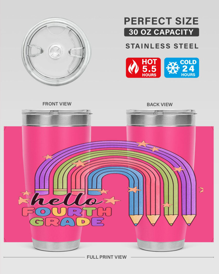 Hello 4th Grade Pencil Rainbow 20oz Tumbler featuring a colorful pencil design, double wall stainless steel, and a drink-thru lid.
