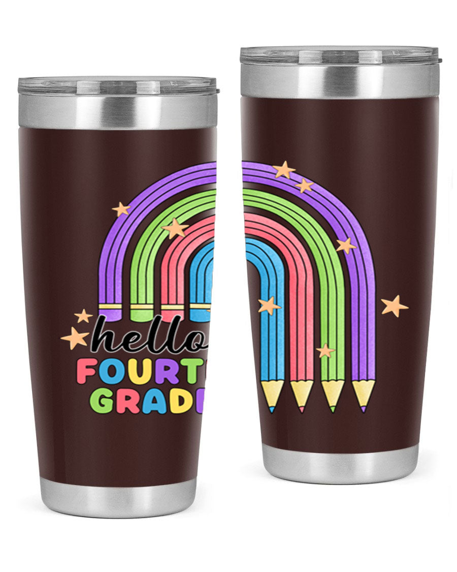 Hello 4th Grade Pencil Rainbow 20oz Tumbler featuring a colorful pencil design, double wall stainless steel, and a drink-thru lid.