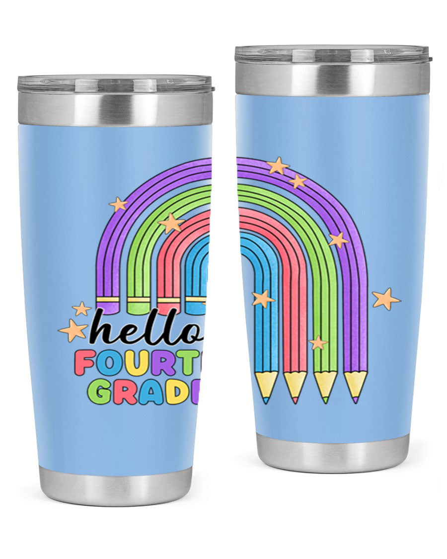 Hello 4th Grade Pencil Rainbow 20oz Tumbler featuring a colorful pencil design, double wall stainless steel, and a drink-thru lid.