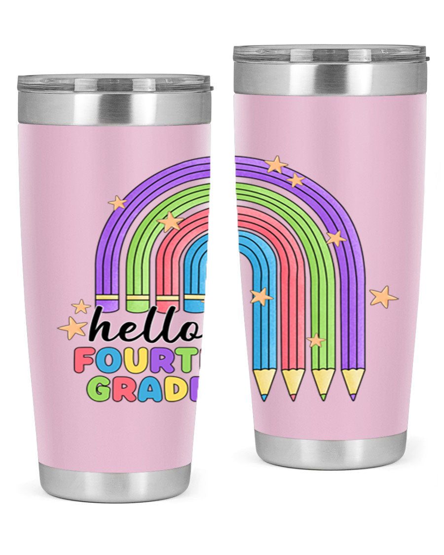 Hello 4th Grade Pencil Rainbow 20oz Tumbler featuring a colorful pencil design, double wall stainless steel, and a drink-thru lid.