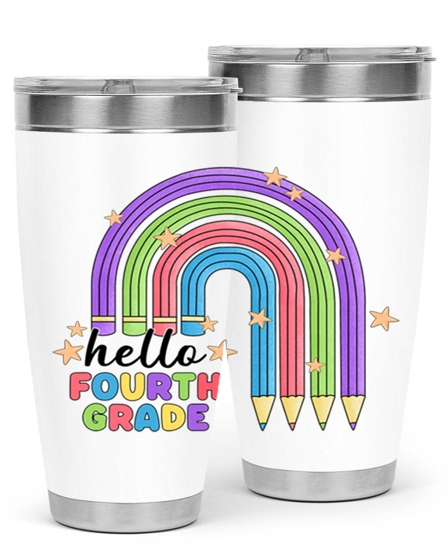 Hello 4th Grade Pencil Rainbow 20oz Tumbler featuring a colorful pencil design, double wall stainless steel, and a drink-thru lid.