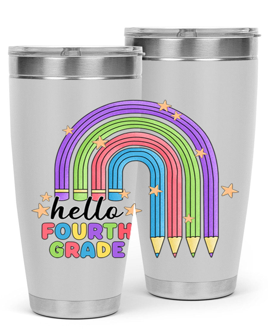 Hello 4th Grade Pencil Rainbow 20oz Tumbler featuring a colorful pencil design, double wall stainless steel, and a drink-thru lid.