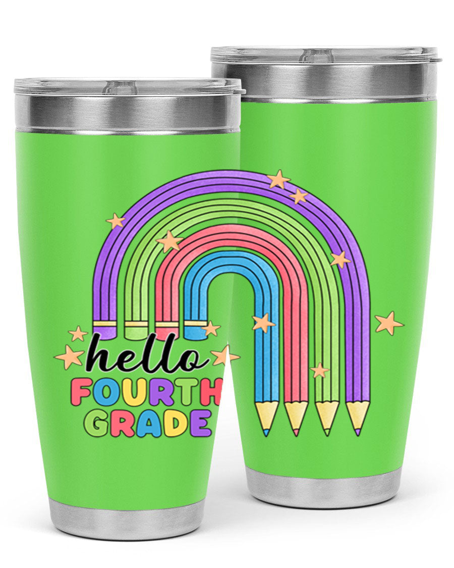 Hello 4th Grade Pencil Rainbow 20oz Tumbler featuring a colorful pencil design, double wall stainless steel, and a drink-thru lid.