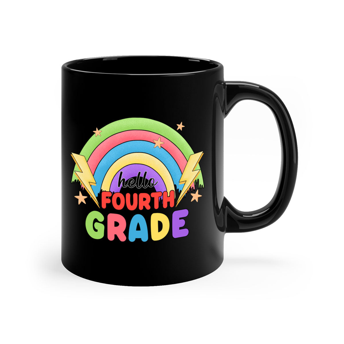 Hello 4th Grade Rainbow Mug featuring a glossy finish, colorful handle and interior, available in two sizes.