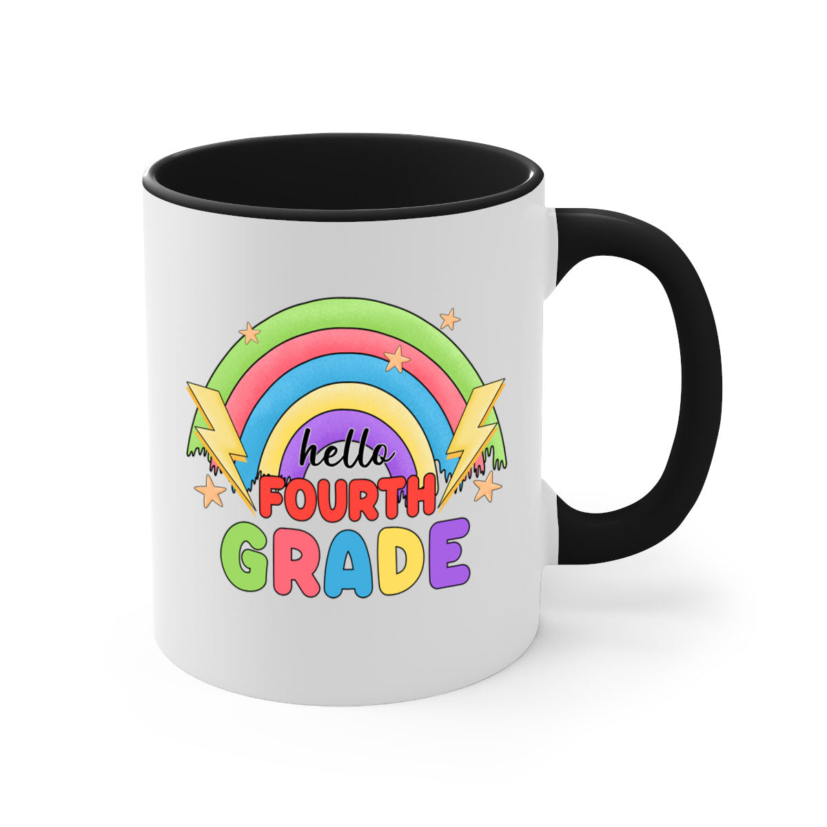 Hello 4th Grade Rainbow Mug featuring a glossy finish, colorful handle and interior, available in two sizes.