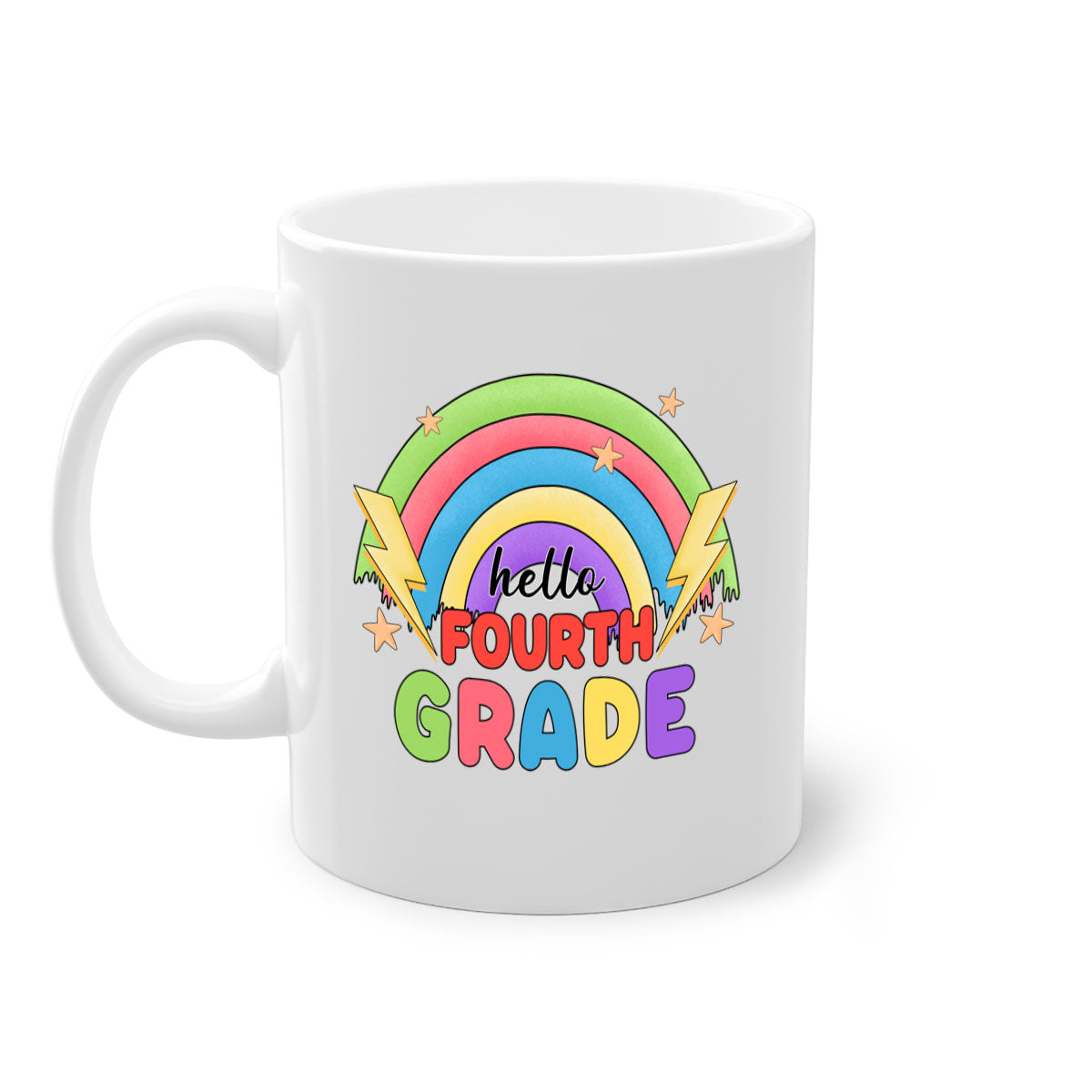 Hello 4th Grade Rainbow Mug featuring a glossy finish, colorful handle and interior, available in two sizes.