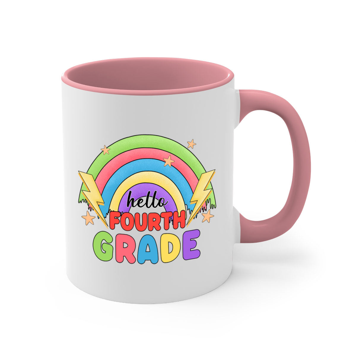 Hello 4th Grade Rainbow Mug featuring a glossy finish, colorful handle and interior, available in two sizes.