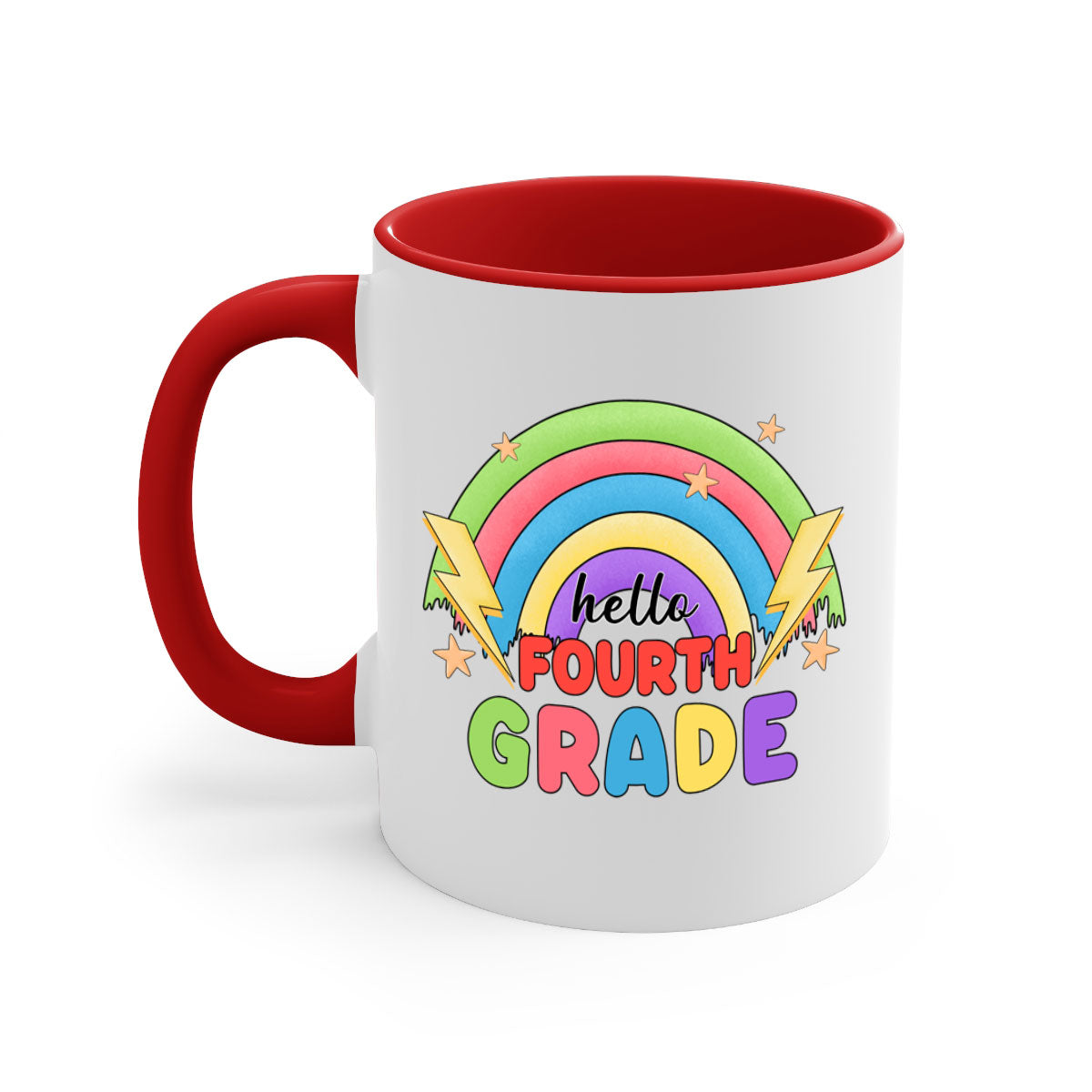 Hello 4th Grade Rainbow Mug featuring a glossy finish, colorful handle and interior, available in two sizes.