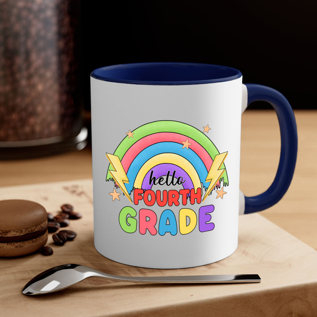 Hello 4th Grade Rainbow Mug featuring a glossy finish, colorful handle and interior, available in two sizes.